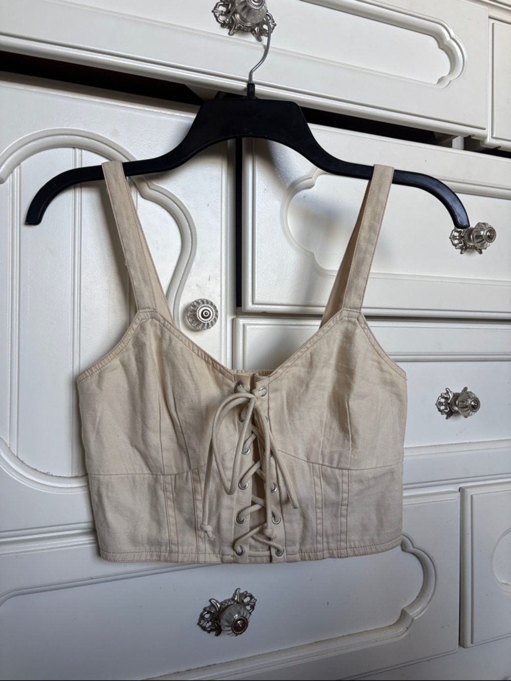 American Eagle Outfitters Beige Lace-Up Cotton Crop Top